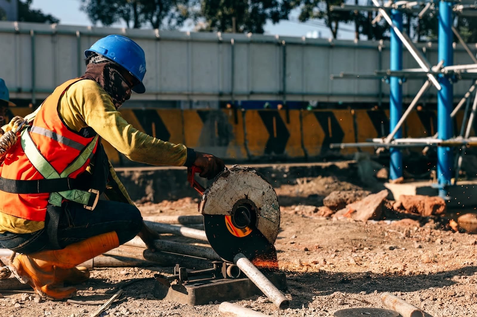 Cutting steel on site as part of construction support